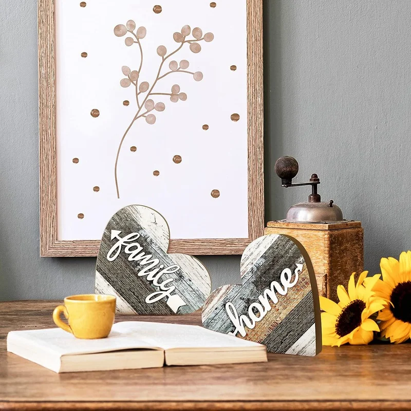 2 Pcs Rustic Wood Love Home Sign Heart Shaped Wooden Table Centerpiece Farmhouse Buffalo Plaid Family Sign
