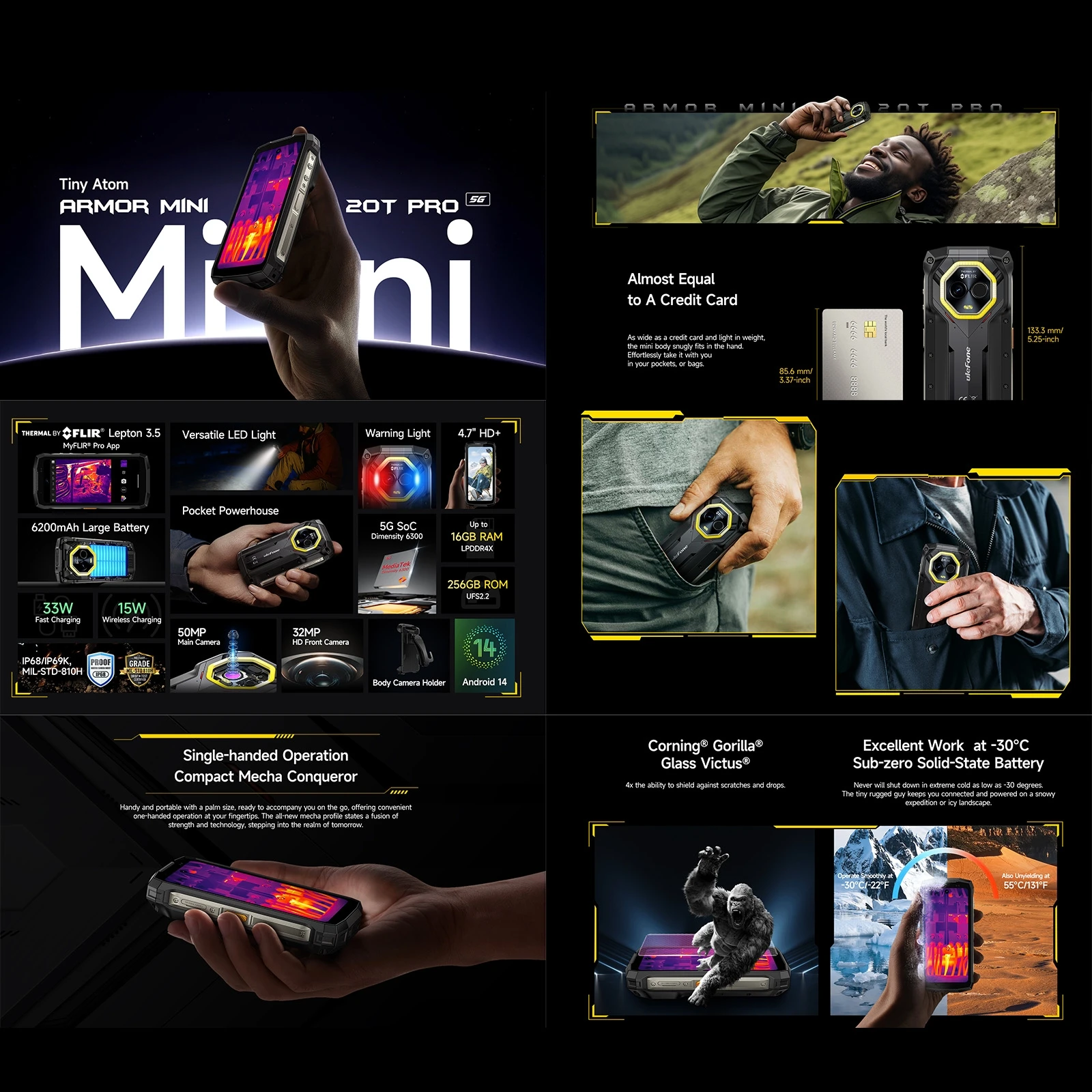 Manufacturer Original Ulefone Armor Mini 20T Pro 8GB+256GB IP68 IP69K Rugged Phone 47inch Android 14 MediaTek Dimensity 6300 5G