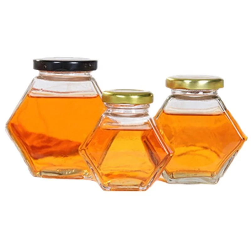 Wholesale 100ml 180ml 280ml 380ml Hexagonal glass jam jars canning jar honey jar with screw metal lids