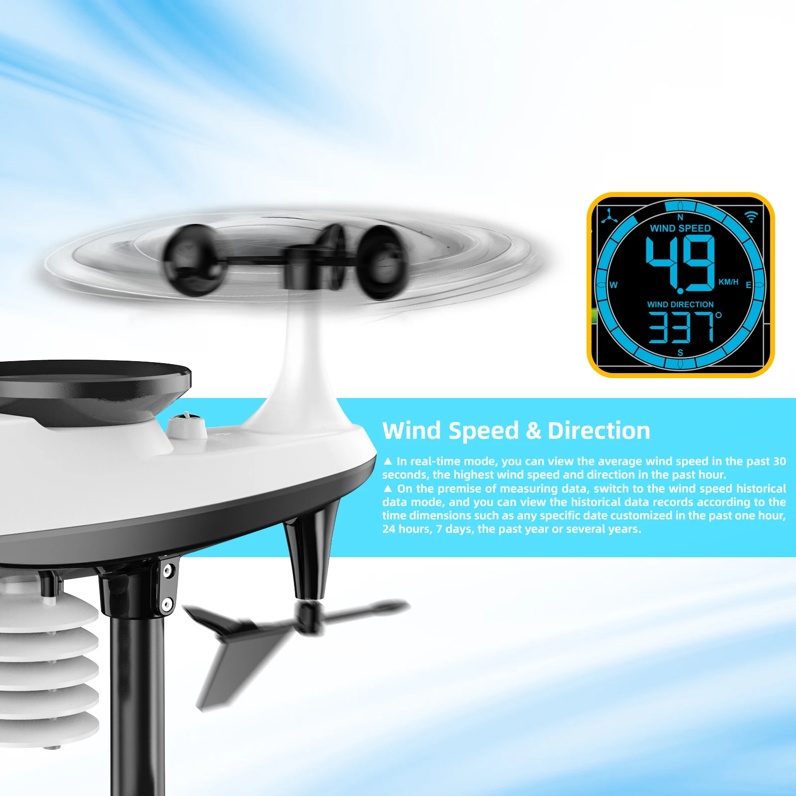 PT3390A indoor outdoor  wireless Weather Forecast Sensor Colorful LCD professional wind speed & direction Weather station
