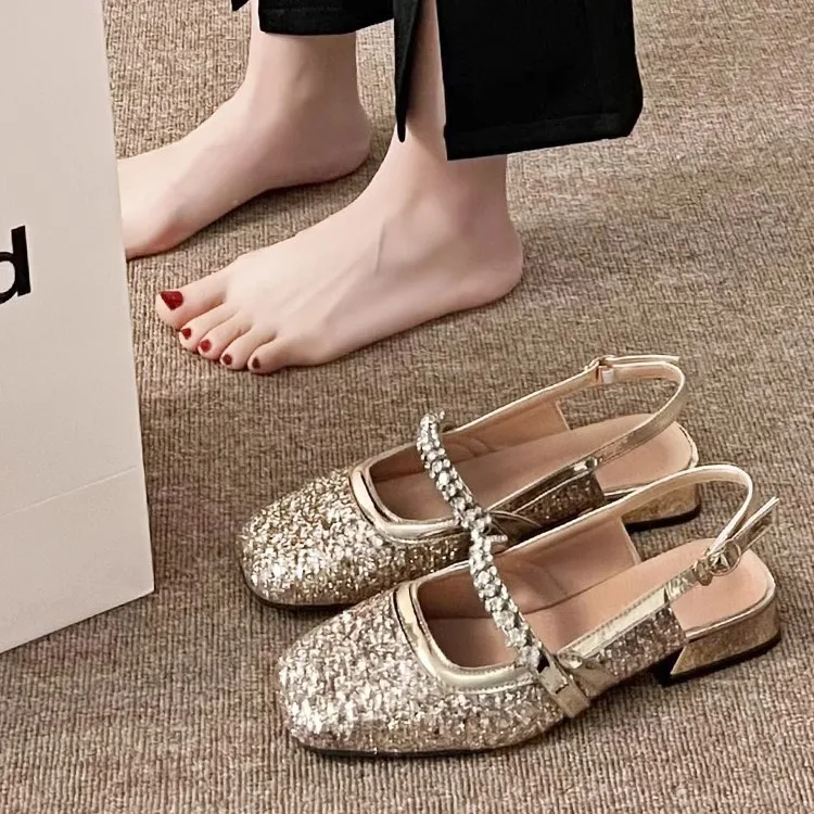Fashion New Rhinestone Sequins Crystal Shoes Square Toe Mary Jane Closed Toe Sandals Women S All Match Small Size Square Heel Cl