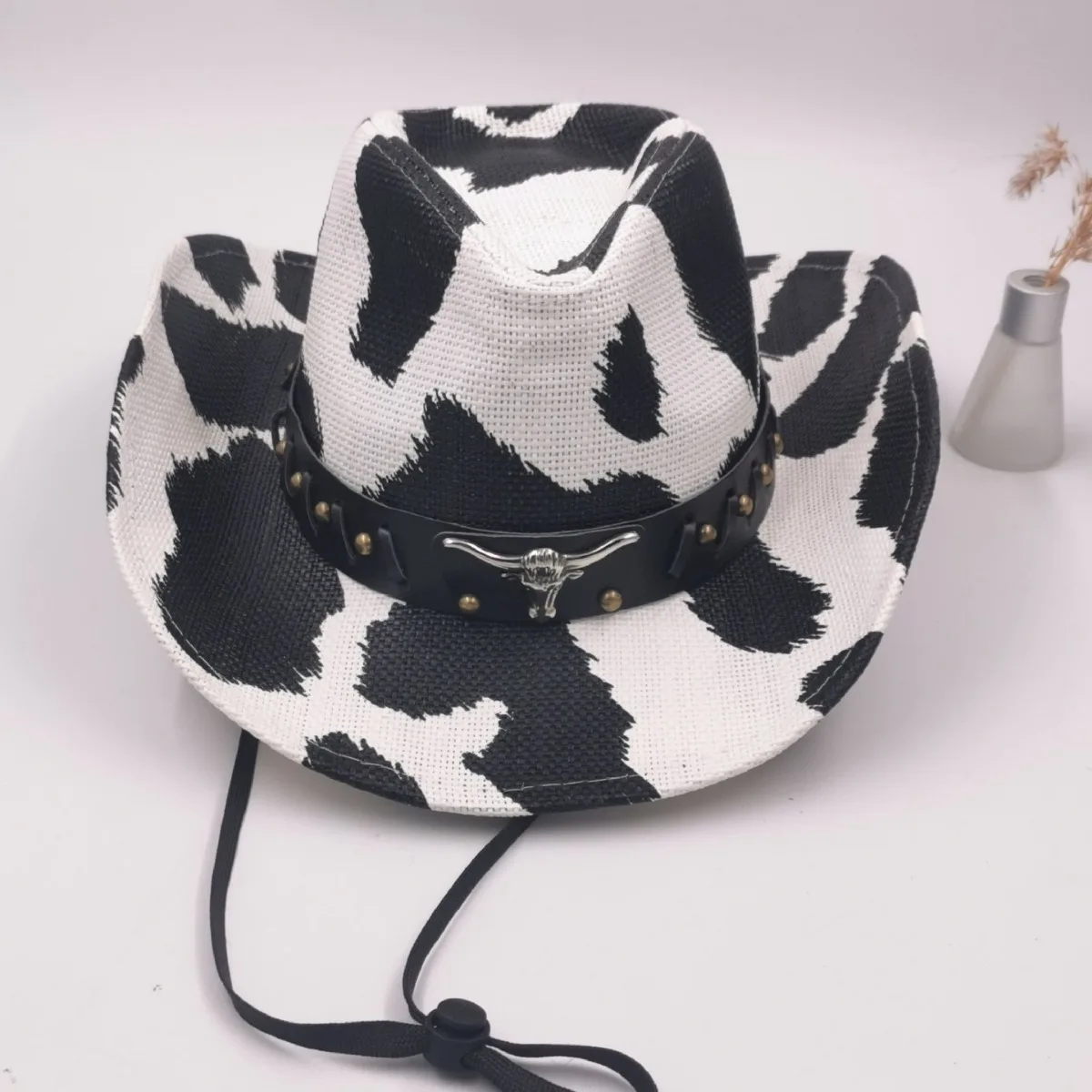 Women Men Vintage Western Black White Dairy Cattle Printed Cowboy Hat Summer Wide Brim Ox-headed Leather Band Cow Straw Hats