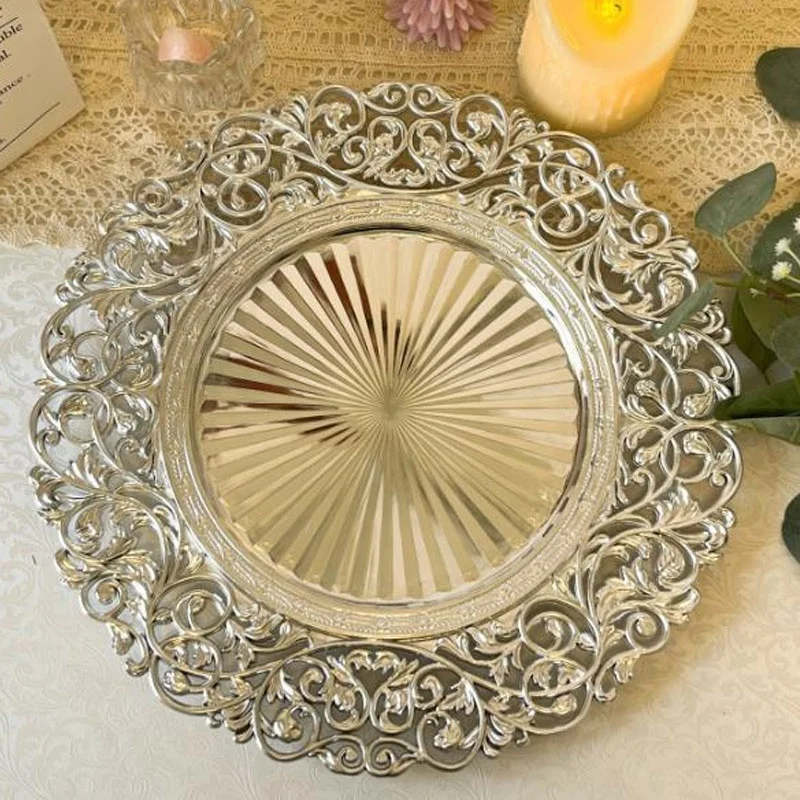 New Design Glitter Gold Charger Plates Sliver Wholesale Hollow Out Rose Gold Plates Charger Round Plastic Charger Plate Wedding