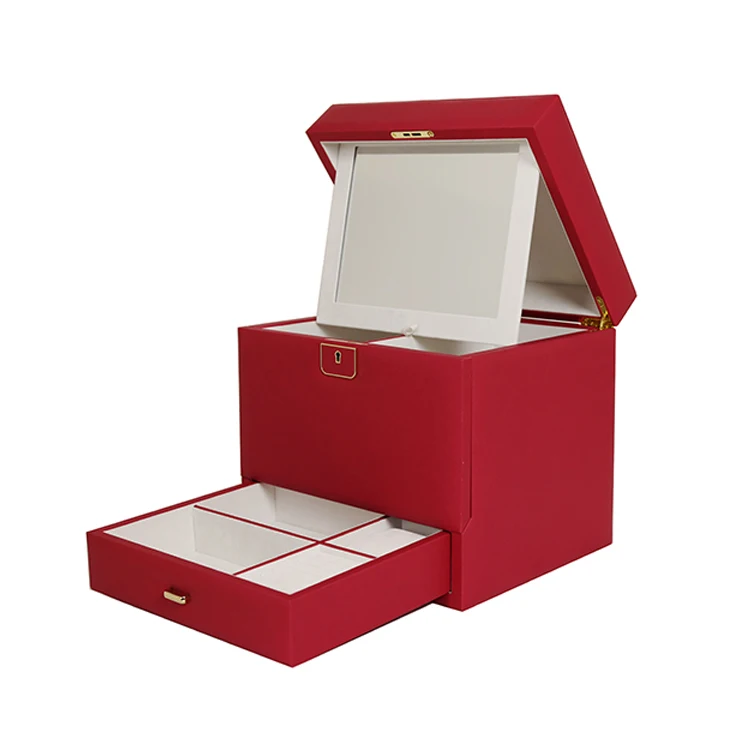 Шкатулка для украшений из искусственной кожи для женщин и девушек, органайзер среднего размера, красный кейс для драгоценностей с замком