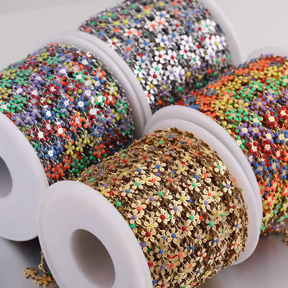 Manufacture Stainless Steel Gold Plated Color Drop Oil Daisy Flower Jewelry Chains for Accessories Making