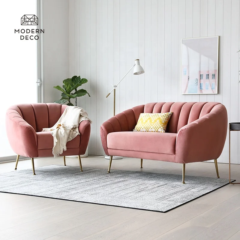 2022  velvet sofa sets furniture wholesale modern pink green sofa chair armchair with gold legs