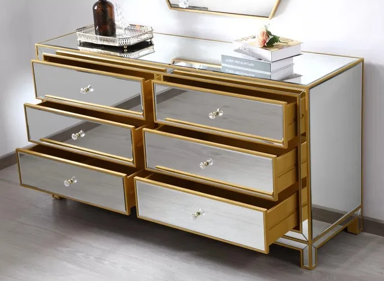 High Quality Modern Fashionable 6 Drawer Double Dresser Crystal Handle Living Room Cabinets Mirrored Chest of Drawer