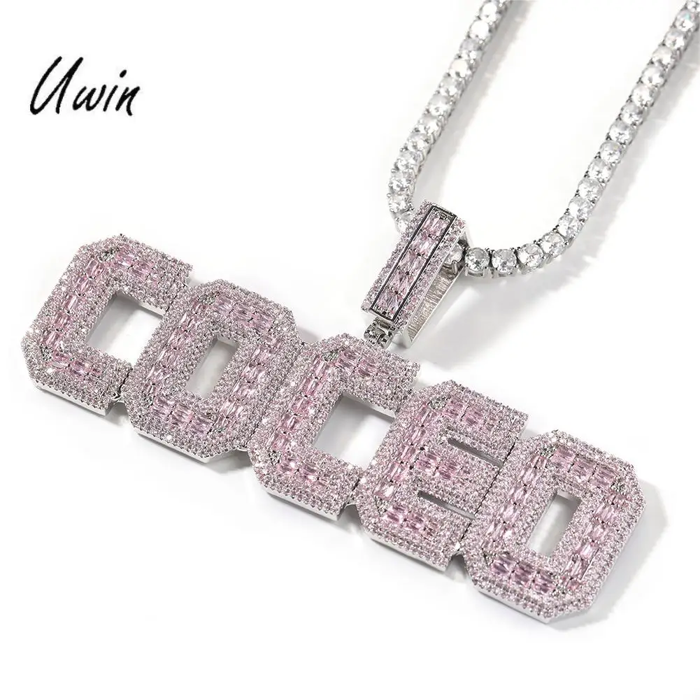 Uwin Hip Hop Jewelry Fashion Jewelry Necklaces Pink CZ Beauty Women Jewelry Baguette Zircon Custom Name Pendent Charming