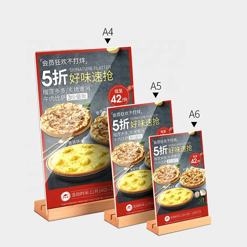 Factory wholesale 21*14.8cm T-shaped acrylic sign holder wooden wine brand table menu price card Photo Frame