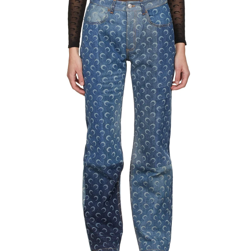 Custom Logo Blue Allover Moon Printed Straight Leg Non-stretch Women Denim Jeans