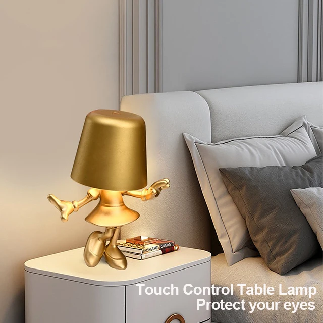 LED Rechargeable Table Lamp Bedside Touch Control Creative Little Golden Man Decorative Desk Lamp USB Charging 3Level Brightness