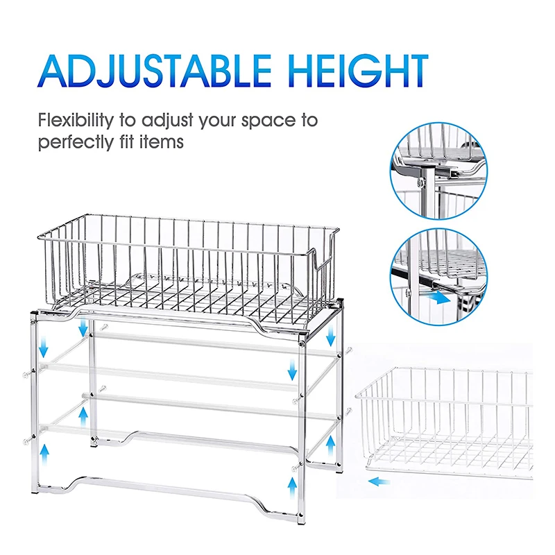2 Tier Under Sink Storage Stable Basket Organizer with Sliding Storage Drawer for Kitchen Bathroom Pantry Cabinet