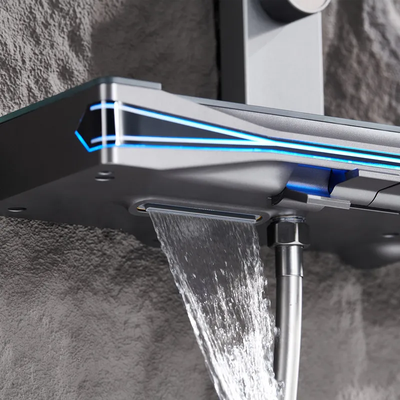 Top1 Piano Key Gray Bathroom Digital Display Faucet Shower System Set Bathtub Hot and Cold 3 Functions Tap Smart Shower Set