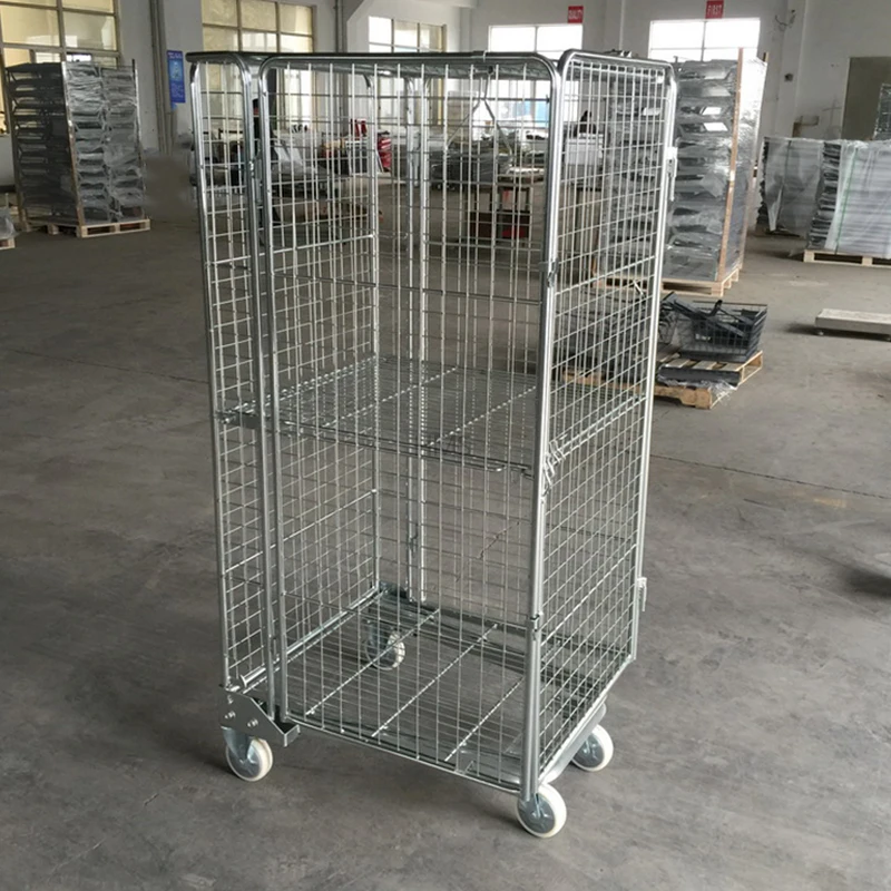4 Sided Nestable Foldable Heavy Duty Logistics Wire Mesh Roll Container Roll Cage Container Trolley
