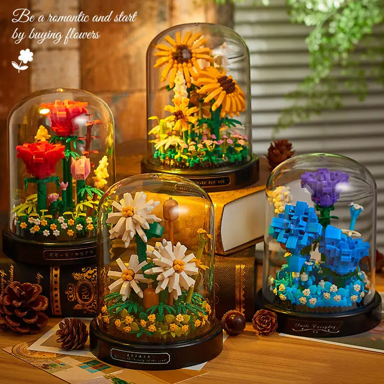 Intelligent eternal flower decor diy assemble plant flower bricks toy gift rose music box building block set