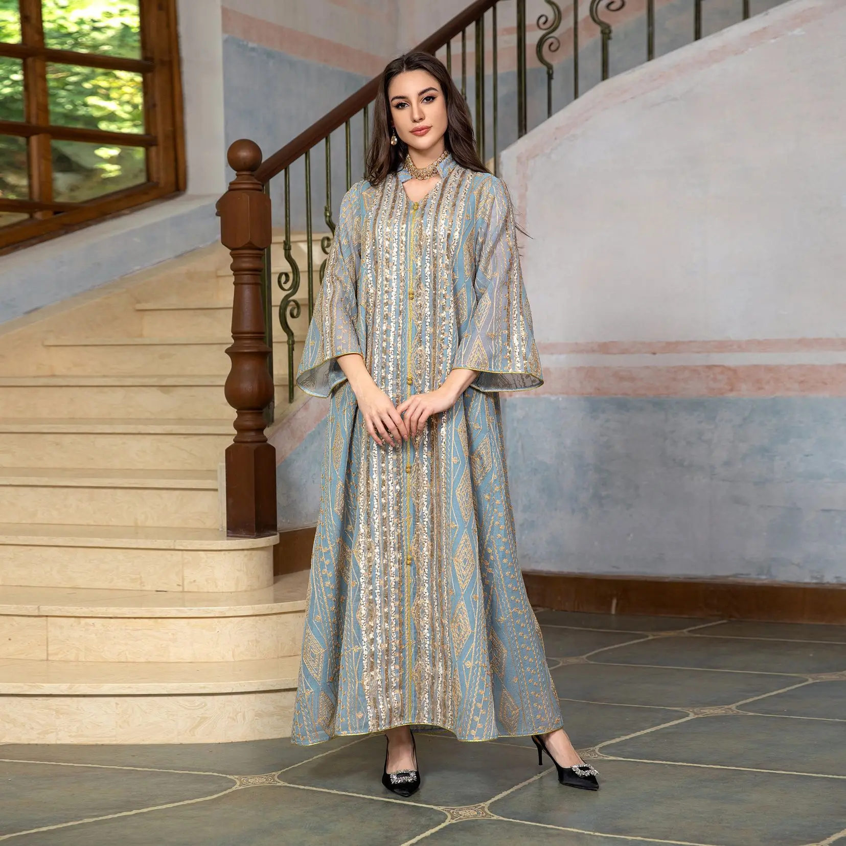 Sequins Embroidered Middle East Evening Dress for Women Turkey V Neck Gauze Mesh Jalabiya Muslim Islamic Ethnic Abaya Eid AB355