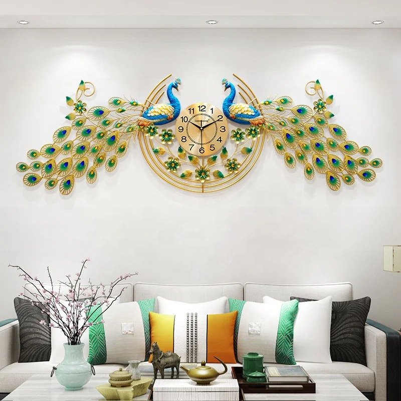 Large Metal Style Peacock Wall Clocks for Living Room Home Decoration Wall Watches