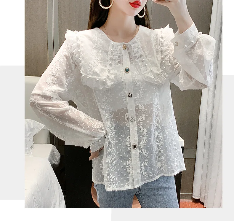 Fall 2021 Lace Pearl Lace Blouse Long sleeve Blouse for women