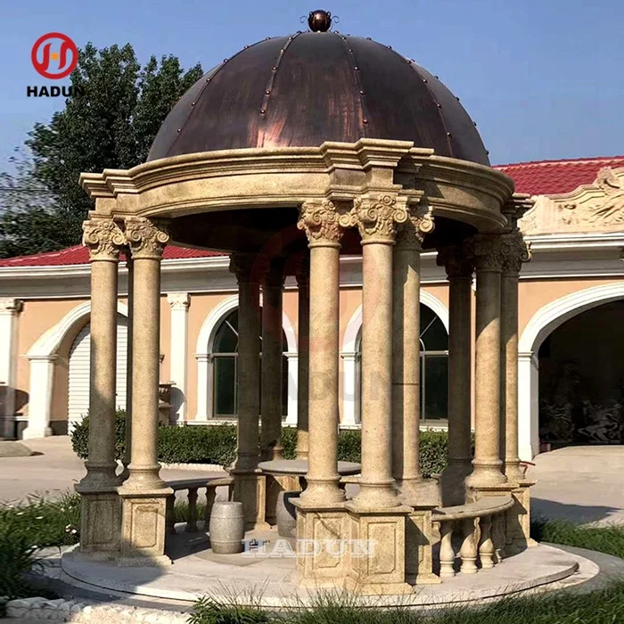 Outdoor Garden Beige Sandstone Marble Gazebo with Iron Roof