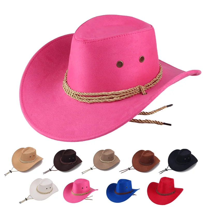 
2021 Summer Men Women Sun Along Western Straw Cowboy Hat Riding Hat Camping Outdoor Faux Leather Cool pink Cowboy Hats 