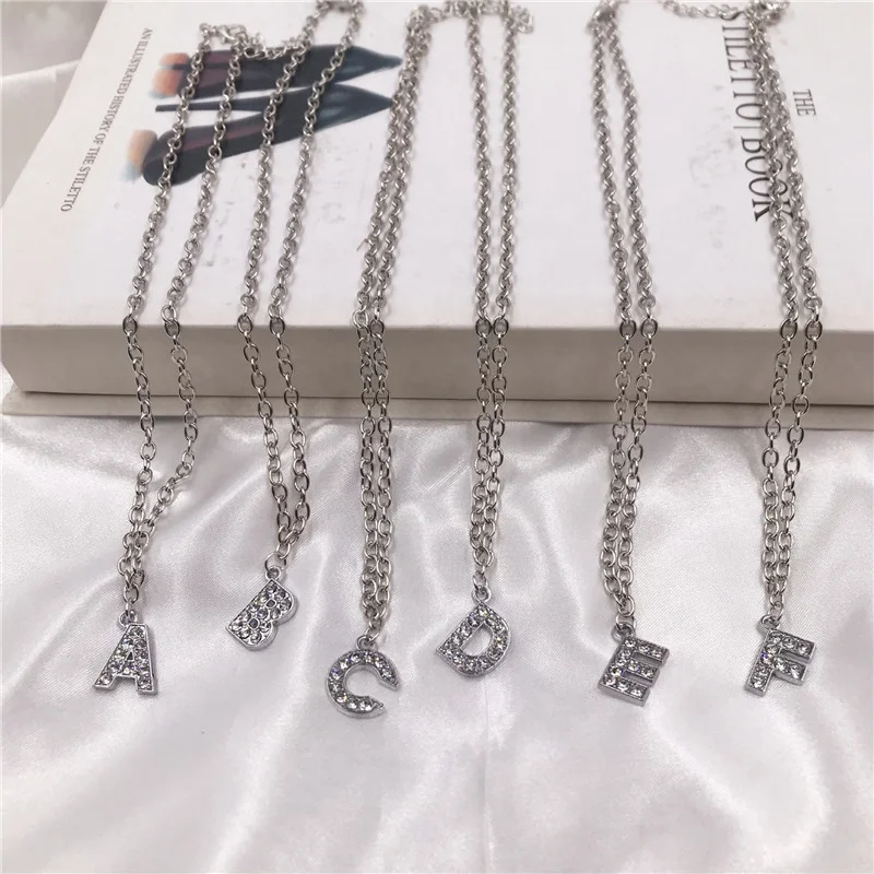 Europe and US Diamond pendant letter short chain necklace custom English letter phrase word pendant stainless steel necklace