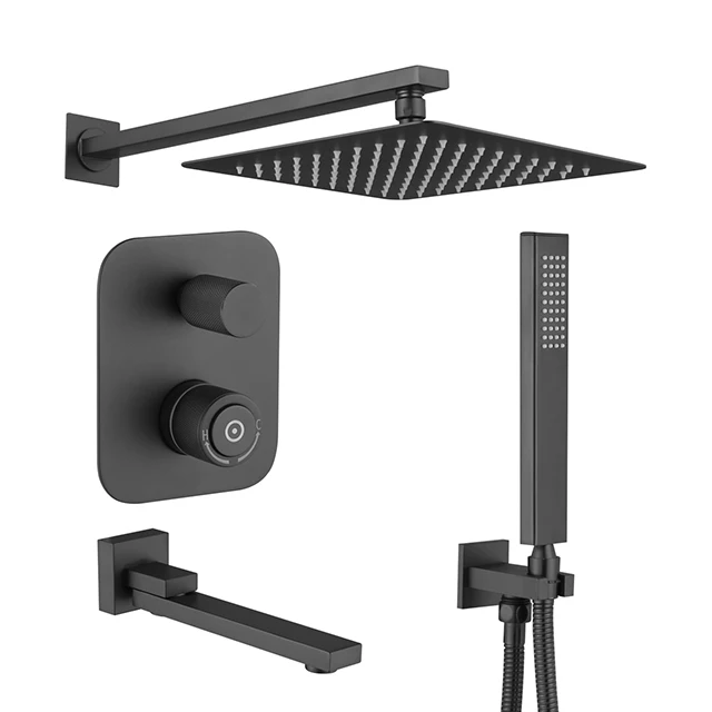 
High Quality Push Button Shower System Matte Black Mixer Faucets Bathroom Concealed Wall Mounted Rain Shower 