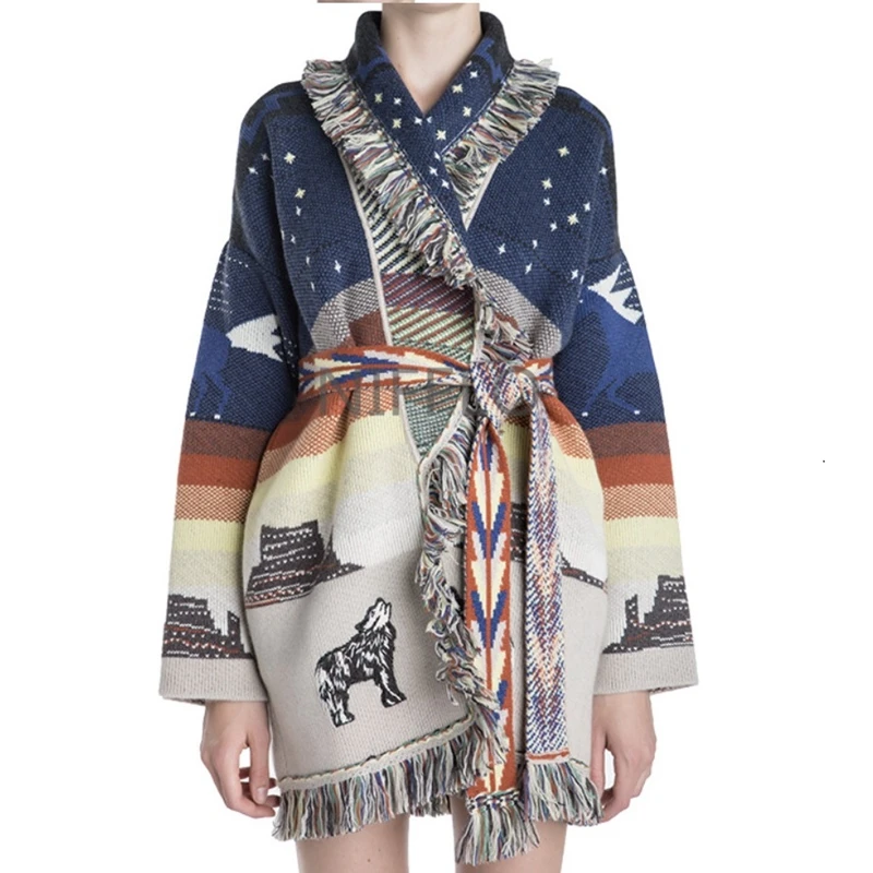 Women Winter Vintage Wolf Printed Long Sleeves Plus Size Cashmere Sweater Cardigan