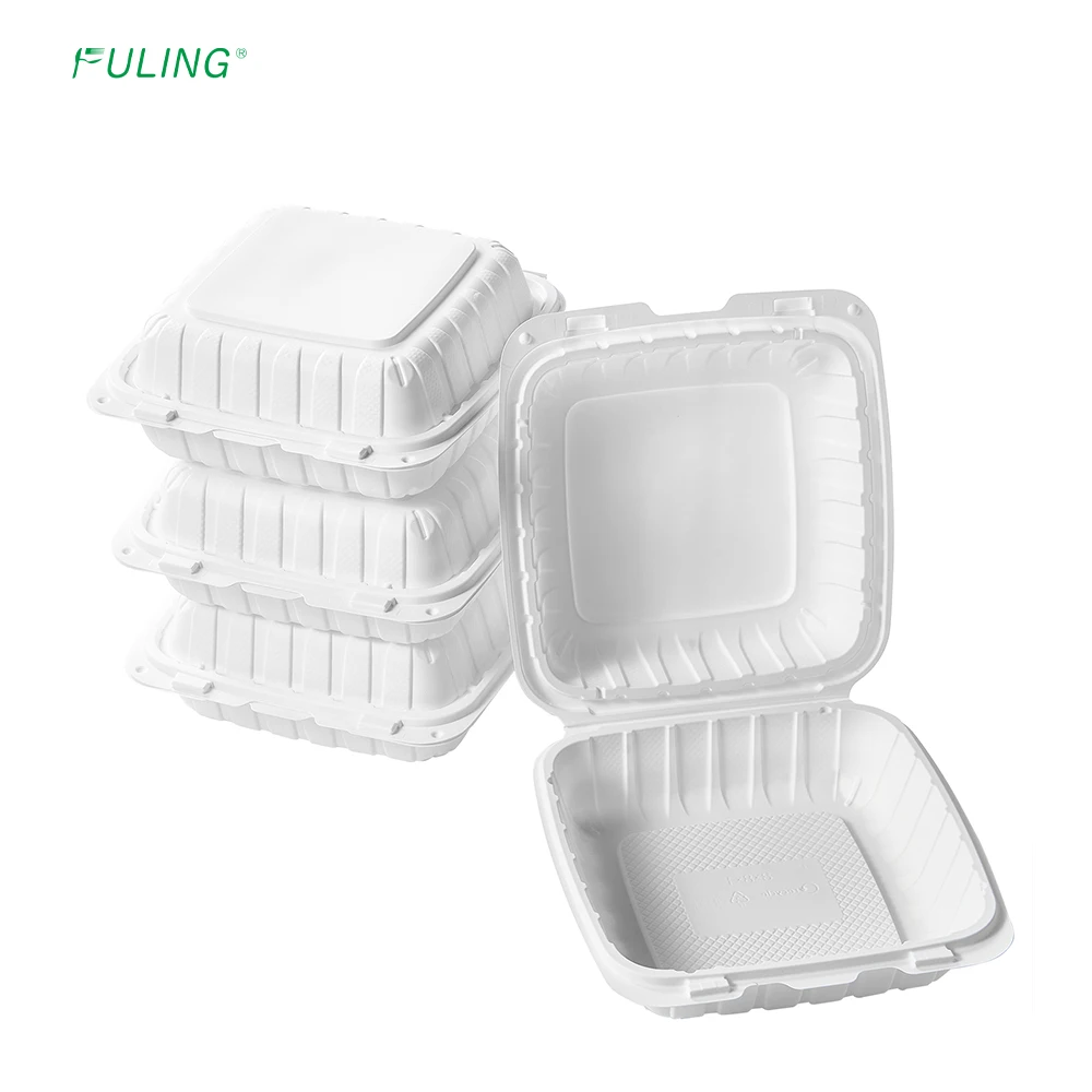 Fuling 8X8' 1 Compartment 8 Inch Clamshell to Go Lunch Box Disposable Mineral Plastic Take Out Food MFPP Hinged Containers