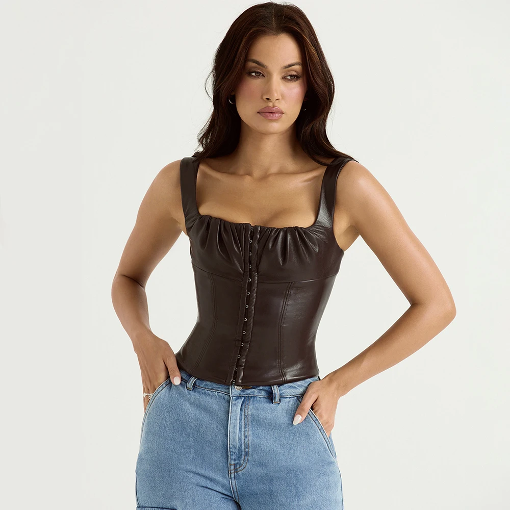 PU Leather Pleat Eye Hooks Bustiers Women Sexy Clothing Elegant Trim Waist Lining Low Back Design Corset Crop Tops