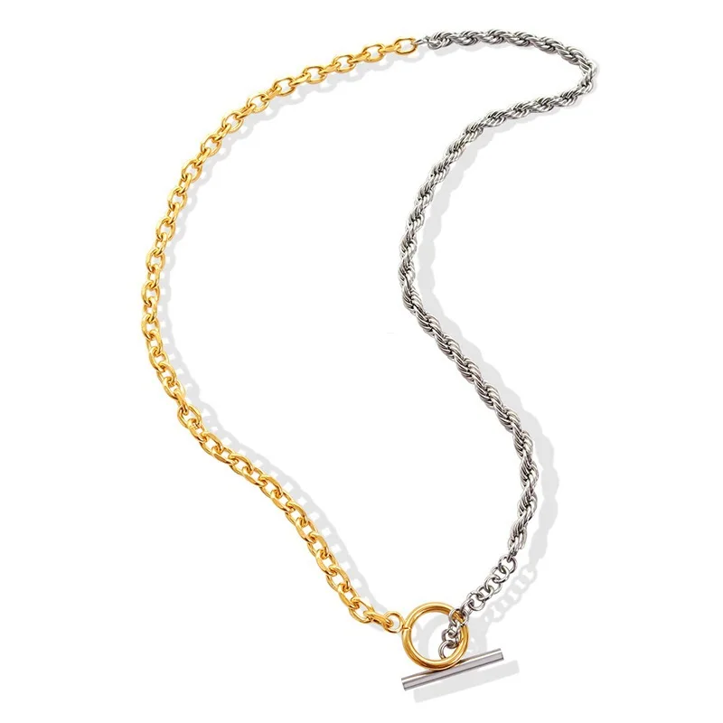 Fashion Chic Stainless Steel Half Gold Silver Chain Necklace Twist and Cuban Jewelry OT Clasp Unisex Women Men