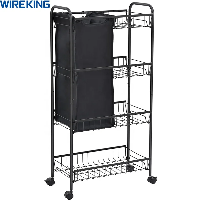 Modern design kitchen carts four layer cold steel multi laundry trolley with laundry basket