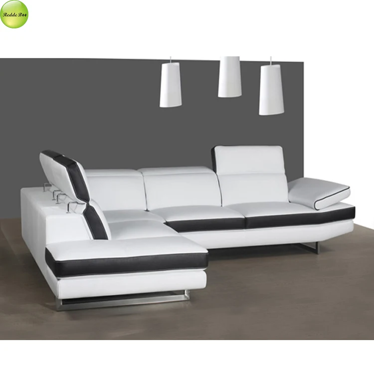 Italian Design Luxury Black And White Lounge Sectional Long Leather Left Shape Sofa Set Living Room Sofa