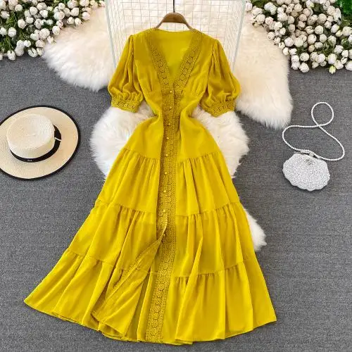Mixed Fabric Slim & long style v neck dress One-piece big swing long skirt breathable beach dress 848218
