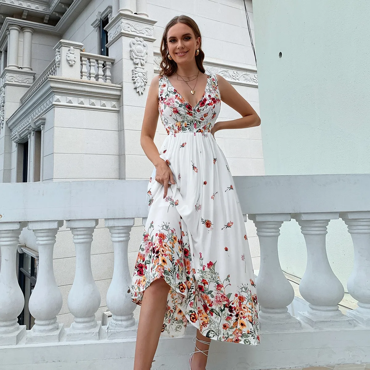 2022 Women Clothing Summer Style Printing Surplice Neck Korean Floral Dress For Picnic Safari Maxi Summer Beach Bohemian Dresses