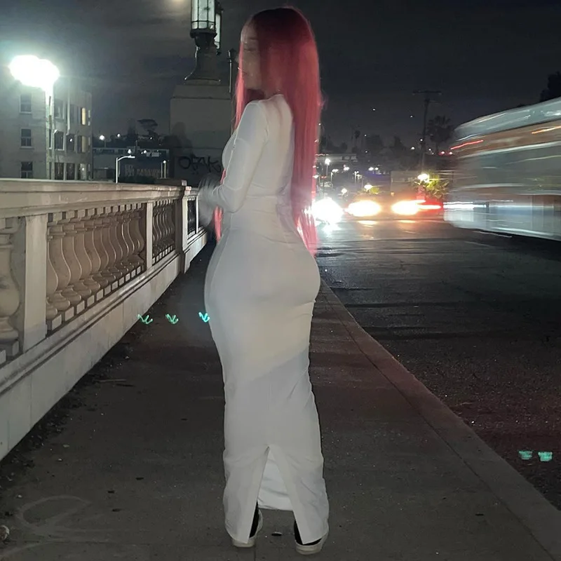 Женское Белое Облегающее платье на одно плечо с длинным рукавом