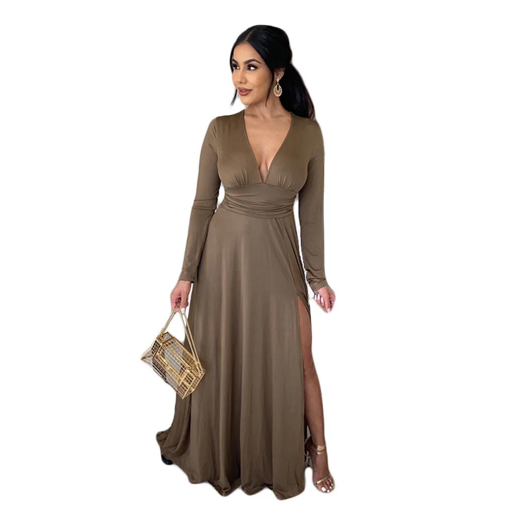 faldas largas para mujer  summer womens clothing long sleeves deep v neck evening dress sexy casual dresses women lady elegant