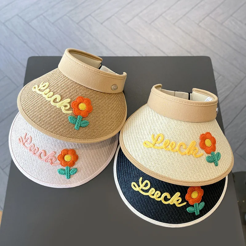 Children empty top cotton printed cute cap wide brim kids UV protection outdoor Sunvisor