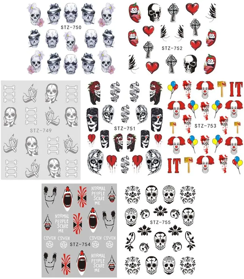Free Shipping 25 Sheets Halloween Nail Stickers Day of The Dead Water Transfer Nail Decals Skull Ghost Eye Skull Eye Spider