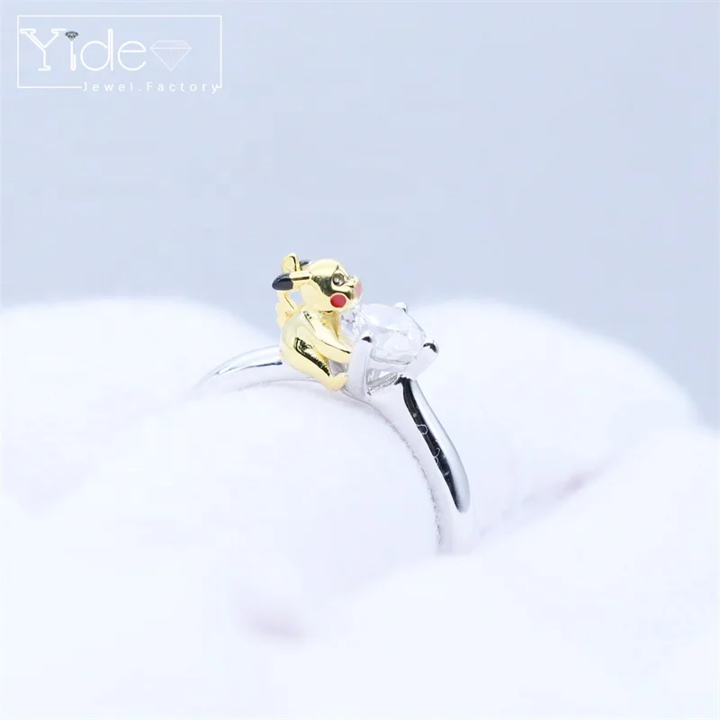 High quality large stone silver ring custom made logo design enamel pikachu wedding ring wholesale