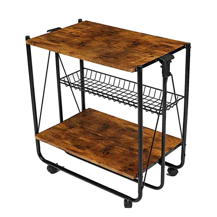 Домашняя деревянная металлическая тележка, складная кухонная складная тележка для хранения пищи и вина с колесами