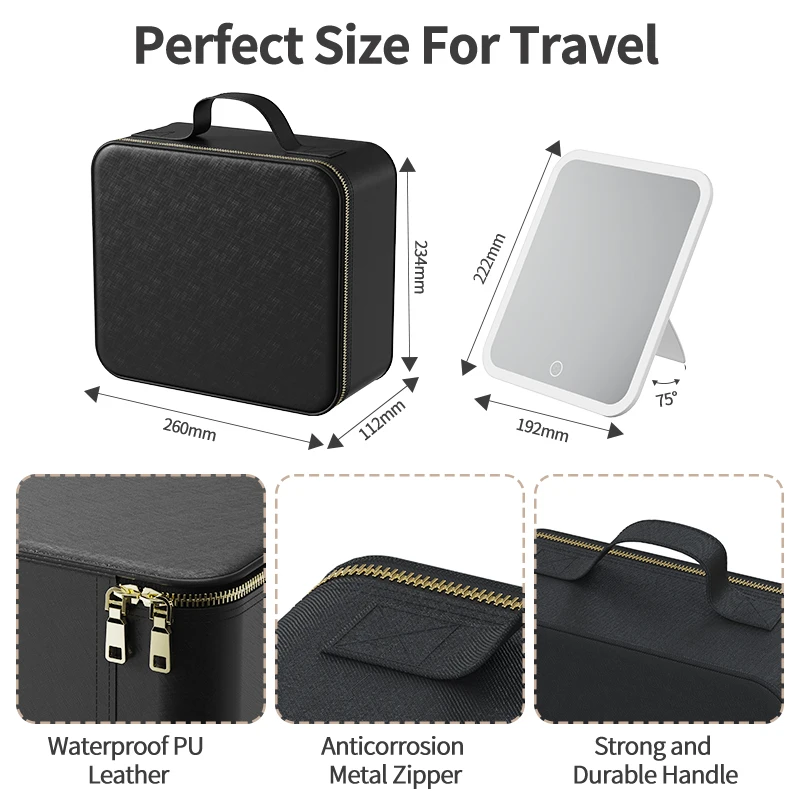 Cosmetic Portable Travel Storage Box With Led Rechargeable Vanity Bags Makeup Case With Led Light Mirror