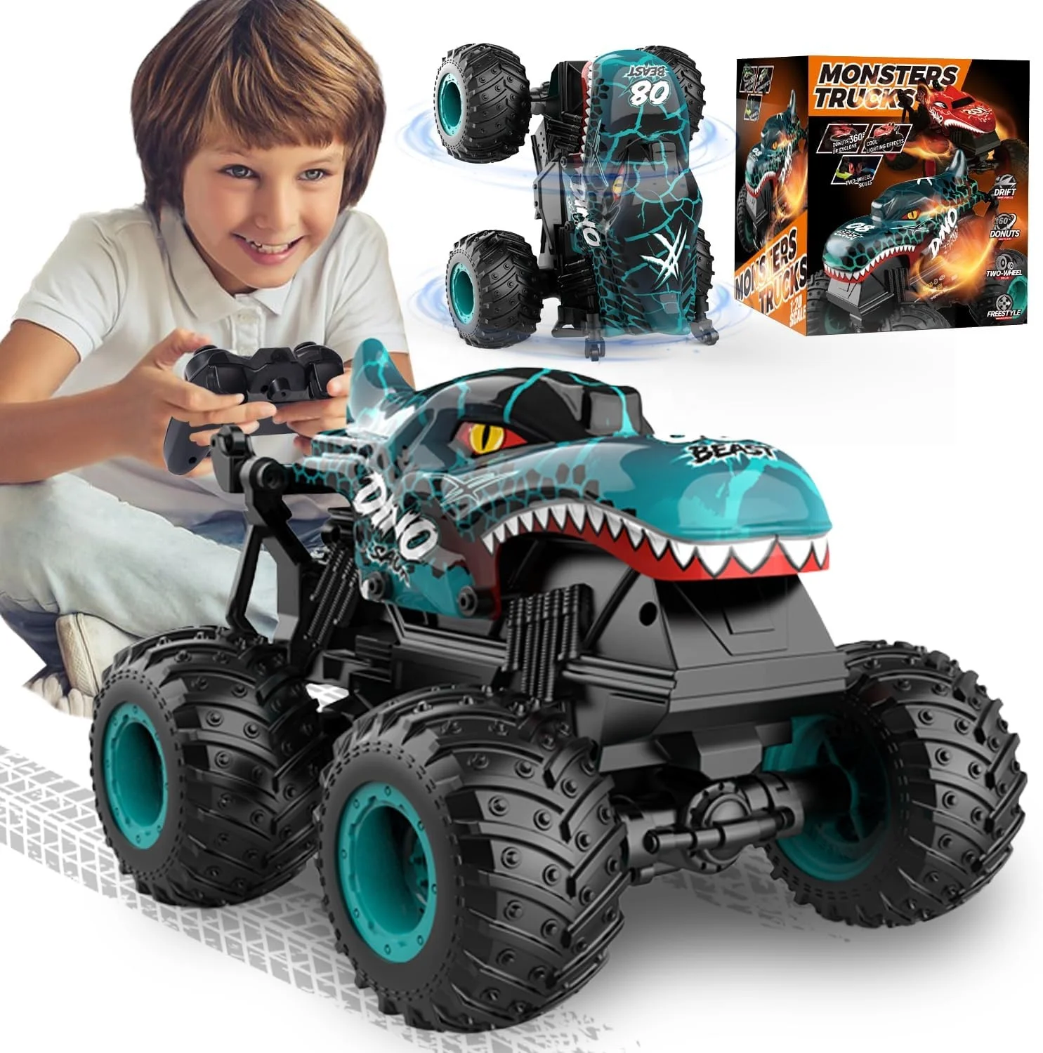 360 Degrees Rotation Led Light 2.4G 1:20 Dinosaur Stunt Drift Remote Control Monster Truck RC Crawler Toys Car Indoor Outdoo