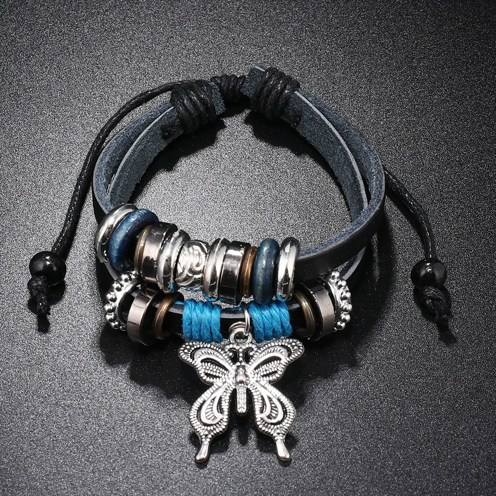 Wholesale Fashion Jewelry Charm butterfly Pendant Women Bracelet Personality Trendy Leather Bracelets for Men and Women
