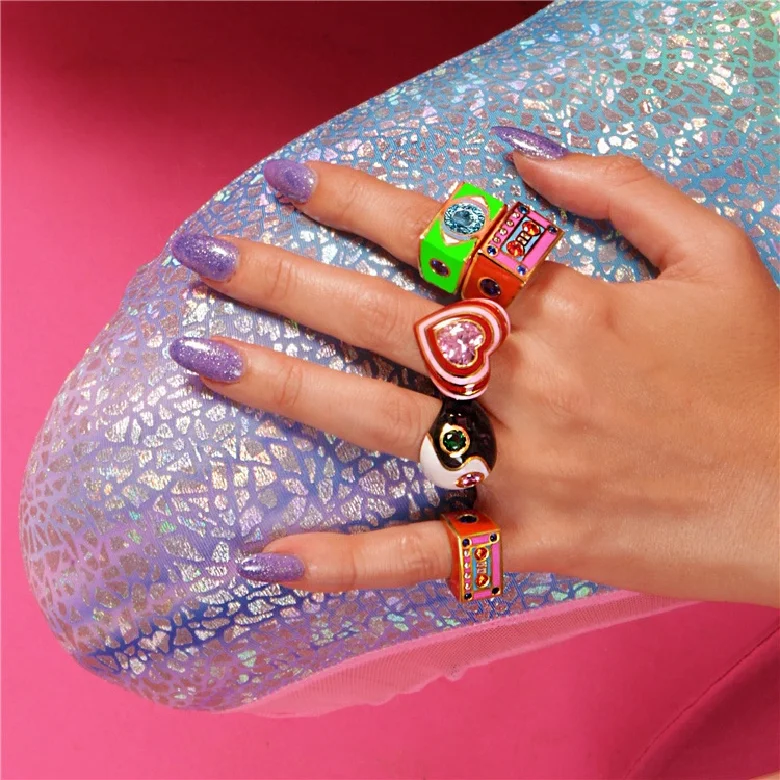 Personalized Y2k Jewelry Women Punk Stack Colorful Enamel Yinyang Cassette Tape Heart Chunky Finger Band Rings Brass Opp Bag