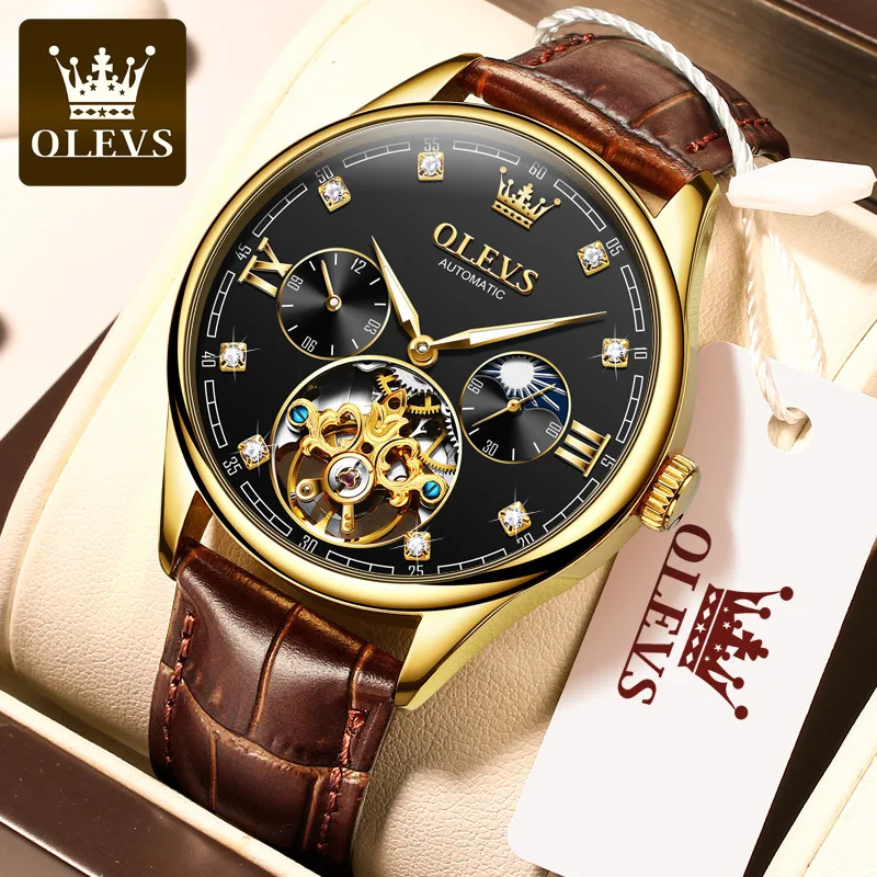 OLEVS 3601 luxury Brown man mechanical watch weird PU leather strap double time lighter automatic sports wrist watch