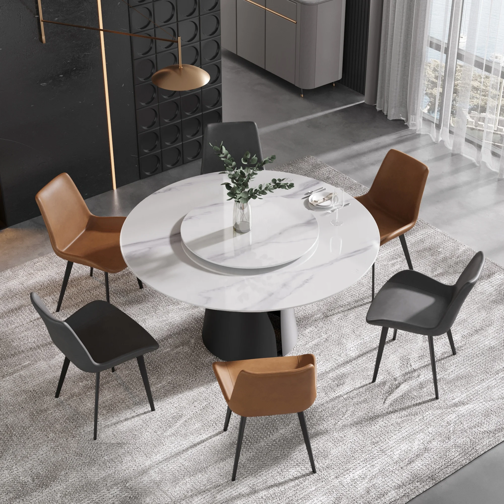 Round Sintered Stone Dining Table With Steel Based Family