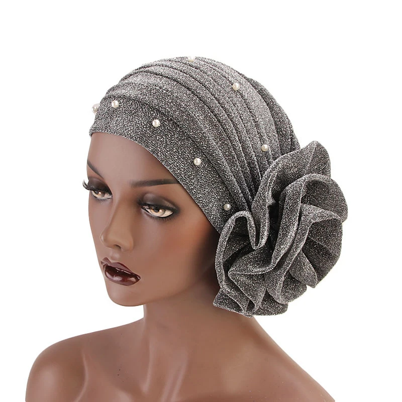 New Arrival Shinny Ruffle Hijab Flower Beaded Chemo Beanie Cap Women Muslim Ladies Turban Bridal Bonnet Wedding Hats for Women