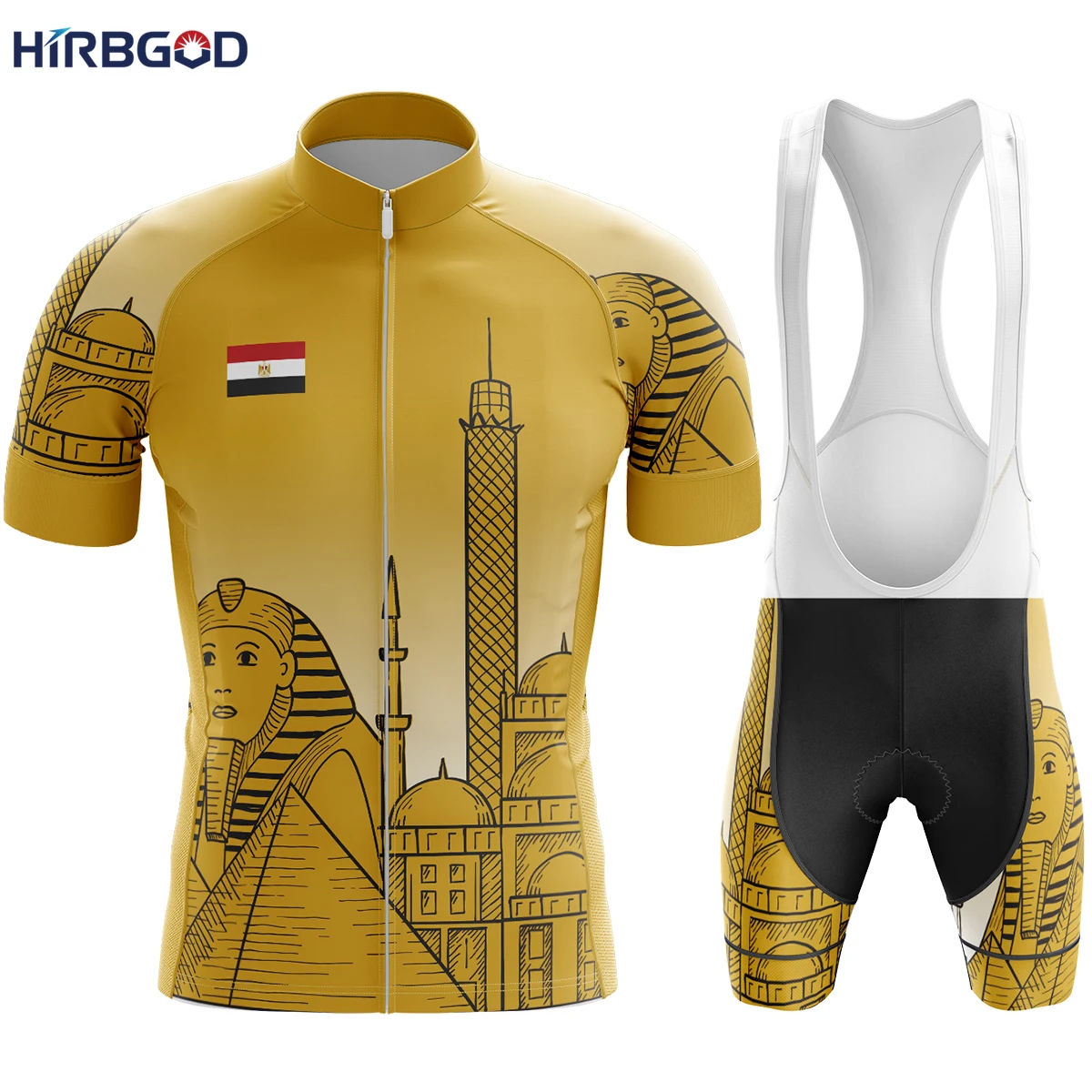 HIRBGOD Mens Egyptian National Cycling Team Bicycle Jersey Set Outdoor Full Zipper Cycling Wear  Classic Bib Short