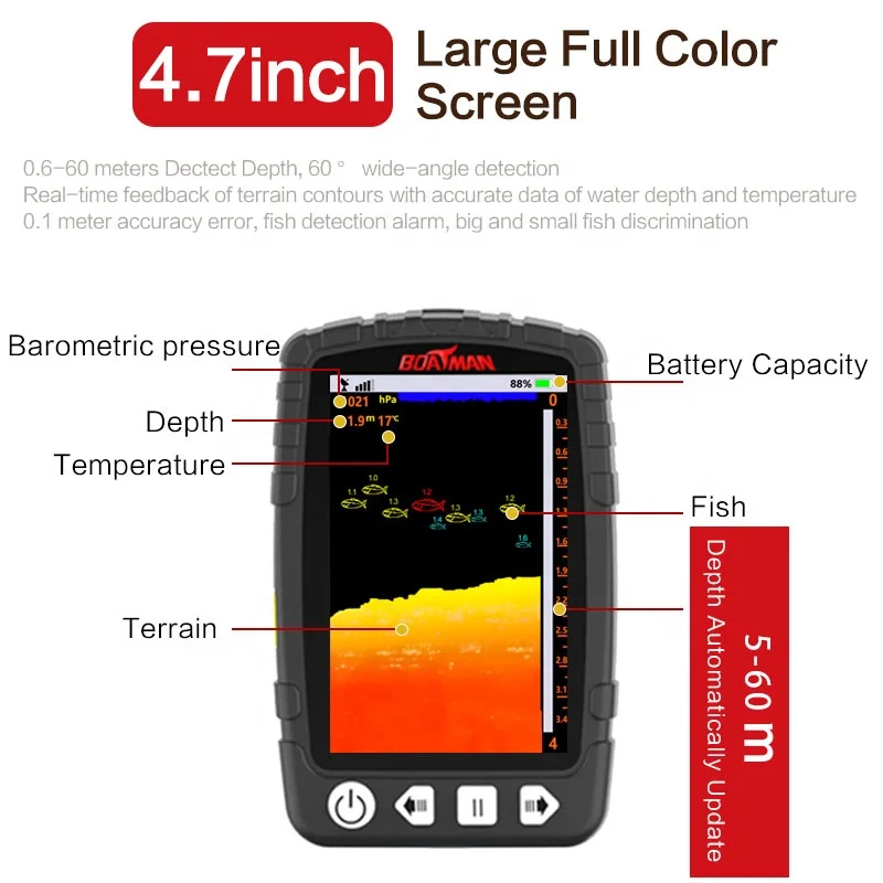 Portable Depth Fish Finder with 60M Sonar Sensor Echo Sounder Wireless Depth Finder Fishing Lure Echo Sounder