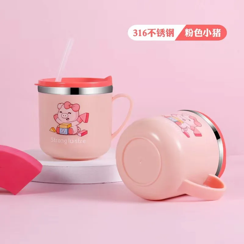 Stainless Steel Cup Cartoon creative cup with lid, double-layer thermal insulation and anti scalding scale, milk straw cup